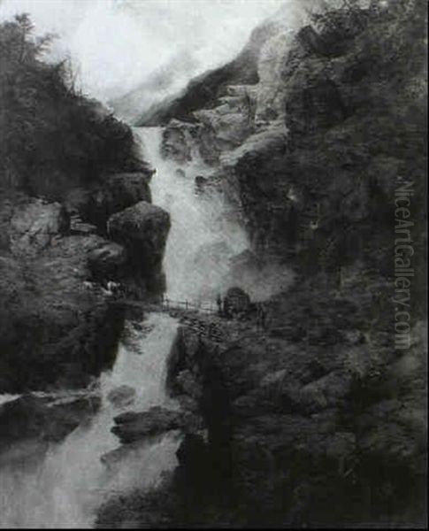 Waterfall And Road To The Saeter Oil Painting by William West