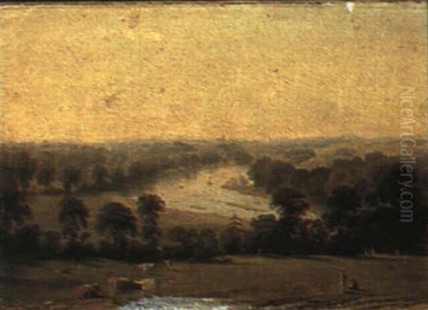 View From Richmond Hill With Cattle And Figures In The Foreground Oil Painting by William Westall