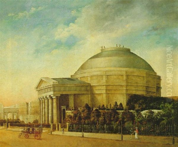 View Of The Colosseum, Regents Park With Doctor Guerners Steam Carriage Passing By Oil Painting by William Westall