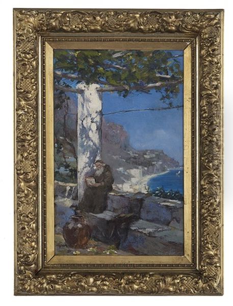 Monk Reading On An Amalfi Coast Terrace Oil Painting by Constantin Aleksandrovich Westchiloff