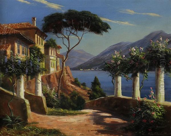 Villa By The Sea Oil Painting by Constantin Aleksandrovich Westchiloff