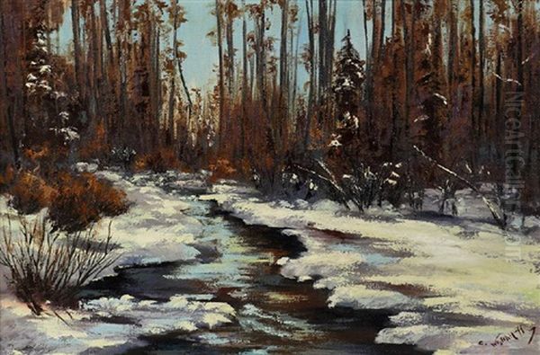 Stream In Winter Oil Painting by Constantin Aleksandrovich Westchiloff