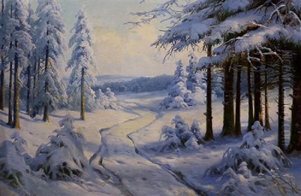 Snow Scene In The Woods Oil Painting by Constantin Aleksandrovich Westchiloff