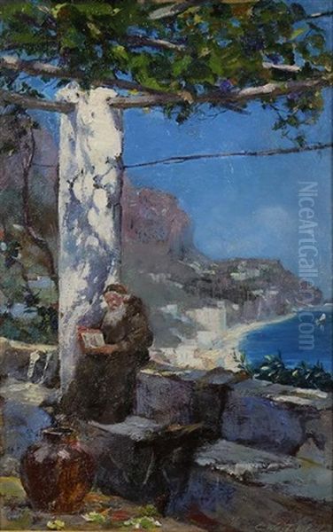 Figure Reading Amalfi Coast Oil Painting by Constantin Aleksandrovich Westchiloff