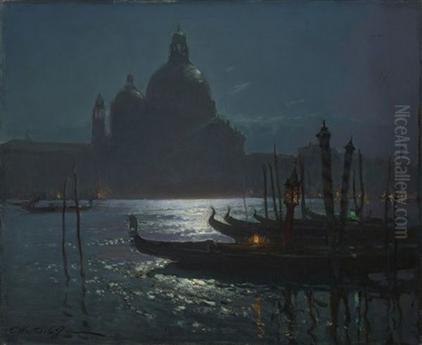 Santa Maria Della Salute At Night, Venice Oil Painting by Constantin Aleksandrovich Westchiloff