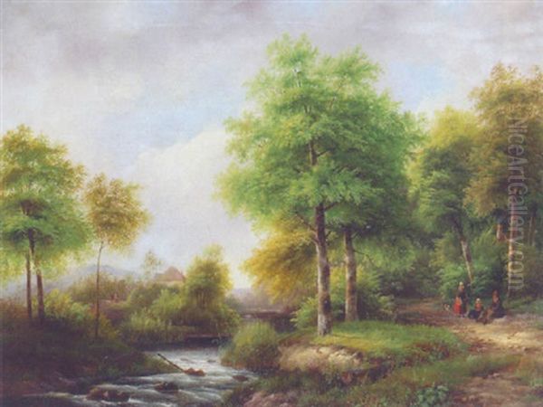 A Summer Landscape With Peasants Resting In A Forest By A Stream Oil Painting by Pieter George Westenberg