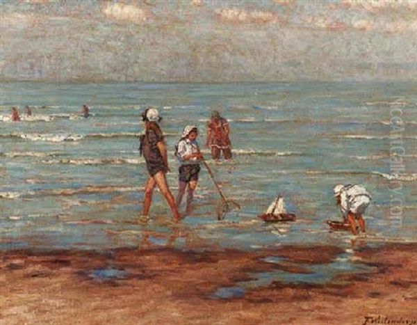 Spielende Kinder Am Badestrand In Knokke Oil Painting by Fritz Westendorp