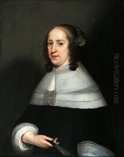 Portret Van Cornelia Van Der Does-reynst In Een Zwarte Jurk Met Kanten Kraag En Manchetten, En Met Een Waaier In Haar Rechterhand Oil Painting by Jan Jansz Westerbaen Sr.