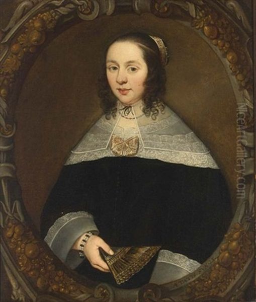 A Portrait Of A Lady, Aged 23, Half Length, Wearing A Black Velvet Dress With A Lace Collar And Cuffs, Holding A Fan In Her Left Hand, In A Trompe L'oeil Painted Carved Oval Frame Oil Painting by Jan Jansz Westerbaen Sr.