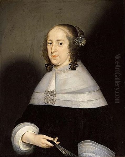 A Portrait Of Cornelia Van Der Does-reynst, Half Length, Wearing A Black Dress With White Lace Cuffs, Collar And Bonnet, Holding A Fan In Her Right Hand Oil Painting by Jan Jansz Westerbaen Sr.