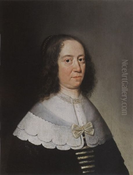 A Portrait Of A Lady, [anna Van Briegsen, (briccsen)?], Wearing A Black And White Dress, A White Lace Collar, A Pearl Necklace And A Bonnet Oil Painting by Jan Jansz Westerbaen Sr.