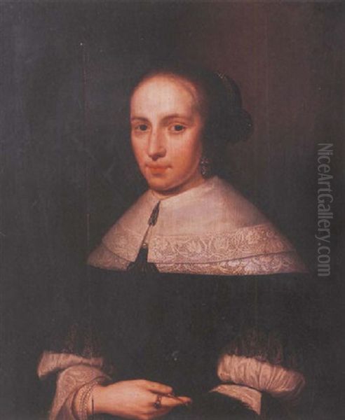 Portrait Of De Vrouw Van Ravens Aged 21 Wearing A Black Dress Trimmed With Lace And A White Linen Collar, Holding A Fan Oil Painting by Jan Jansz Westerbaen Sr.