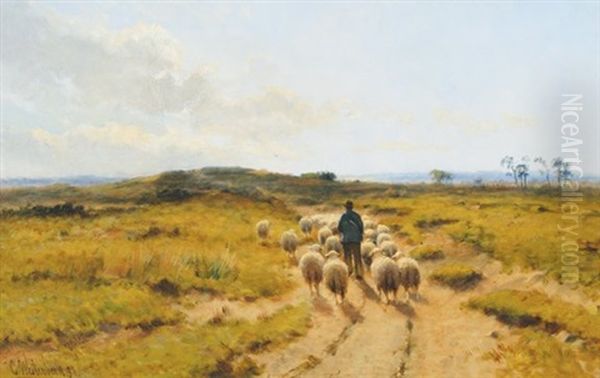 Shepard And Sheep In A Landscape Oil Painting by Cornelis Westerbeek Jr.