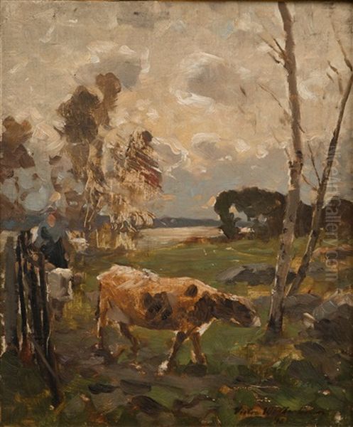 Cows In The Meadow Oil Painting by Victor Westerholm