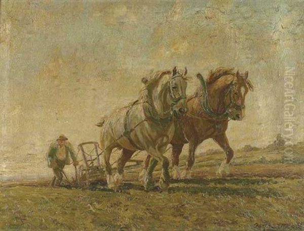 Zweiergespann Beim Pflugen Mit Bauern Oil Painting by Wilhelm Westerop