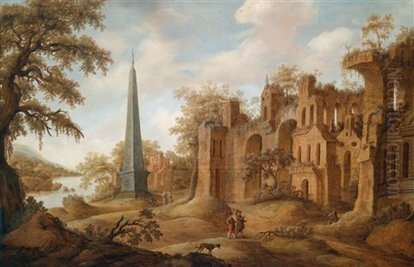 Italienisierende Landschaft Mit Reisenden Bei Antiken Ruinen Oil Painting by Abraham Van Westerveldt