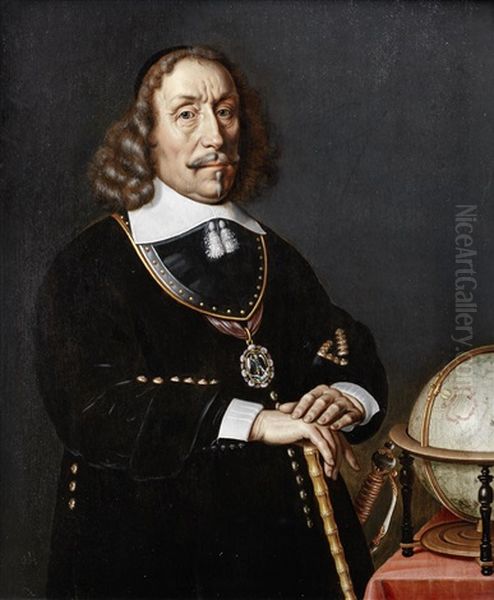 Portrait Of Admiral Witte Cornelisz. De With In Black Costume With A Gorget And The Badge Of The Order Of Saint Michael, A Globe On The Table Beside Him Oil Painting by Abraham Van Westerveldt