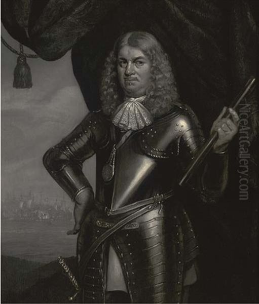 Portrait Of Admiral Blanckert In Armour, Holding A Telescope, A Fleet Beyond by Abraham Van Westerveldt