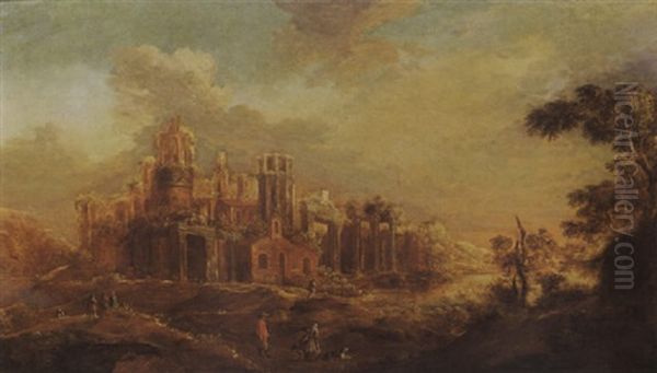 A Classical Landscape With Travellers On A Path Near Antique Ruins Oil Painting by Abraham Van Westerveldt