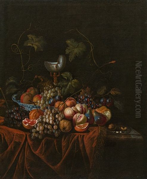 Still Life With Cup, Fruits And Vine Branches On A Red Tablecloth Oil Painting by Huybert van Westhoven