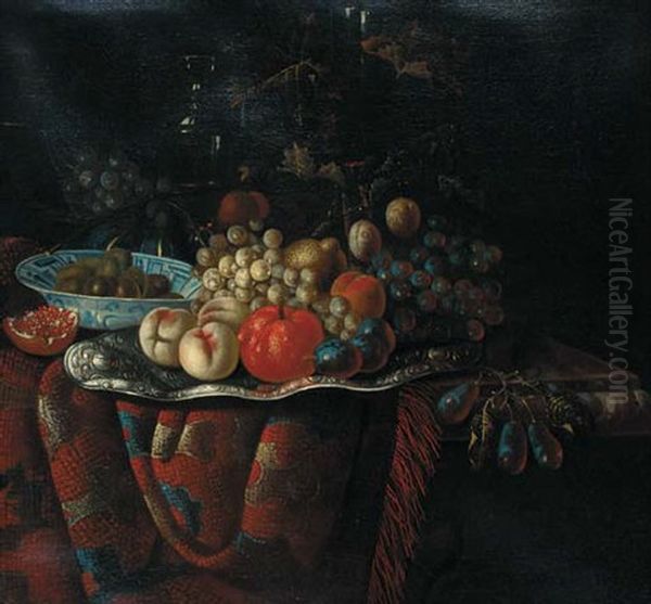 Peaches, Grapes, Plums And Other Fruit On A Silver Dish, Plums In A Wanli Kraak And Other Objects On A Draped Marble Table Oil Painting by Huybert van Westhoven