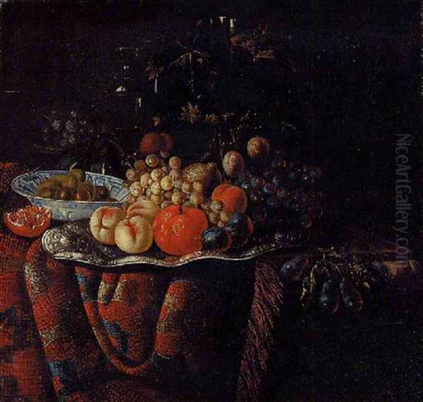 Peaches, Grapes And Other Fruit On A Silver Dish, Plums In A Wanli Kraak, With Other Objects On A Partially Draped Marble Table Oil Painting by Huybert van Westhoven