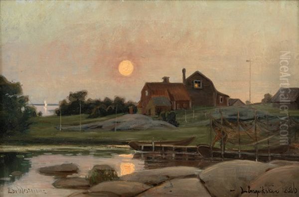 Summer Moon Over The Fishermans Hut Oil Painting by Edvard (Edouard) Westman