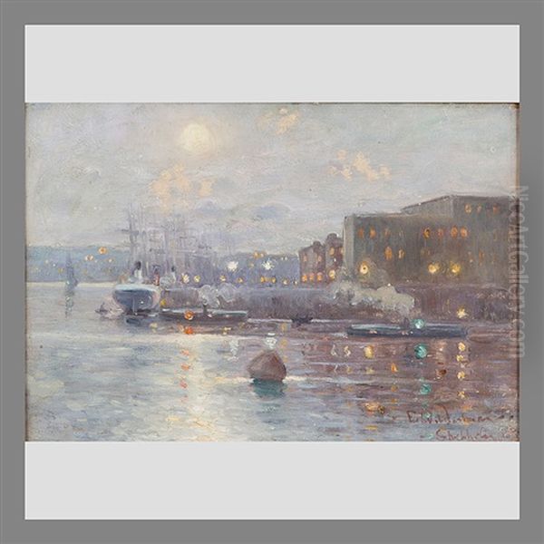 Stockholm By Night Oil Painting by Edvard (Edouard) Westman