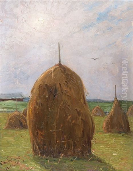 Haystacks Oil Painting by Edvard (Edouard) Westman