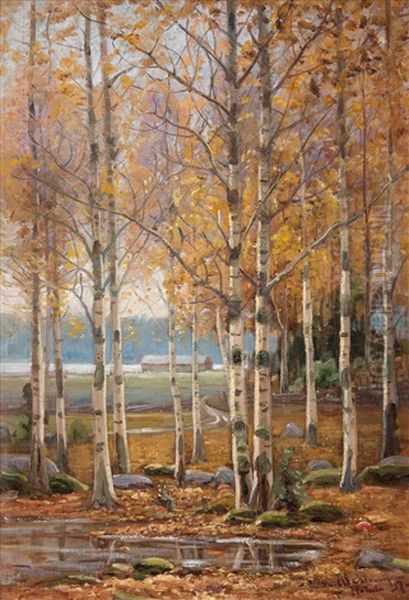 Birch Trees In Autumn Colors Oil Painting by Edvard (Edouard) Westman