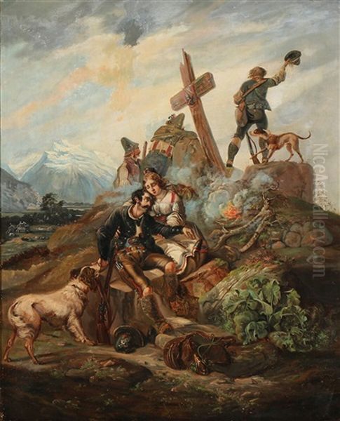 A Tyrolean Couple Praying Near A Spot Where A Man Has Fallen To His Death Oil Painting by Fritz Westphal