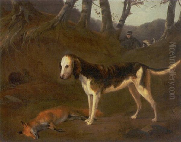 Jagtscene Med Hund Der Har Nedlagt Raev, I Baggrunden Jaeger Og Hunde Oil Painting by Fritz Westphal