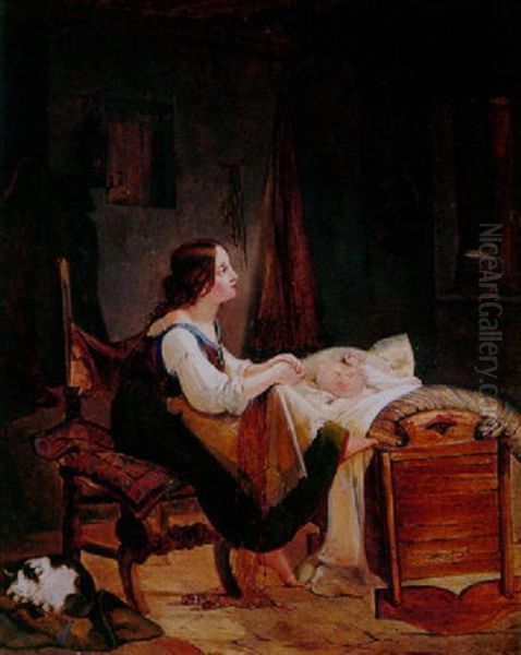 A Cottage Interior With A Mother And Child Oil Painting by Fritz Westphal