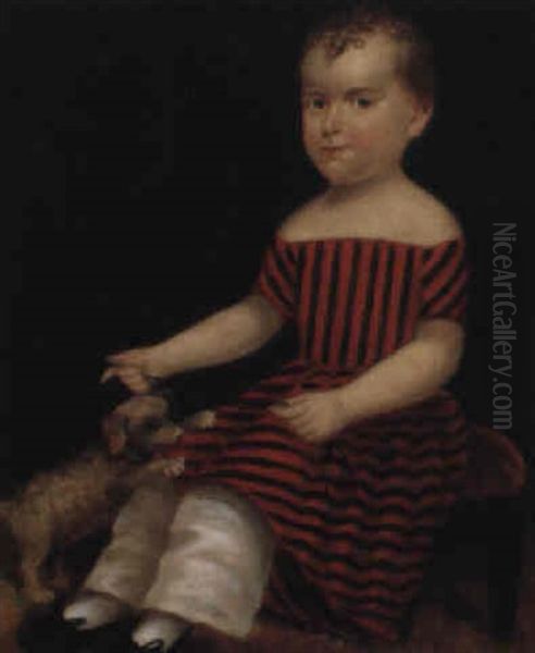 Portrait Of A Child With Curly Hair Holding A Puppy On A Blue Leash Oil Painting by Isaac Augustus Wetherby