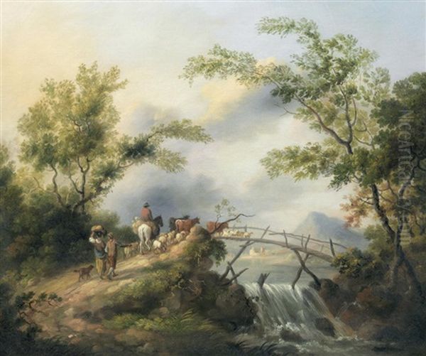 A River Landscape With Figures And A Cow; Drovers Crossing A Bridge With Their Flock (2) Oil Painting by Anne Wetherill