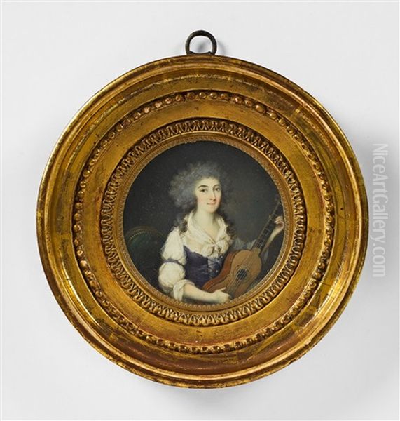 A Portrait Miniature Of A Young Lady With A Guitar Oil Painting by Anne Wetherill