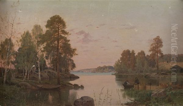 Fishermen At Dusk Oil Painting by Johan Fridolf Weurlander