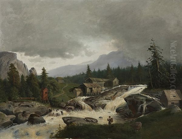 View Of Rapids Oil Painting by Johan Fridolf Weurlander