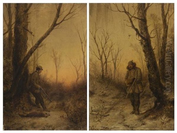 Man Leaning On A Tree And Man With A Rifle (pair) Oil Painting by Willibald Wex