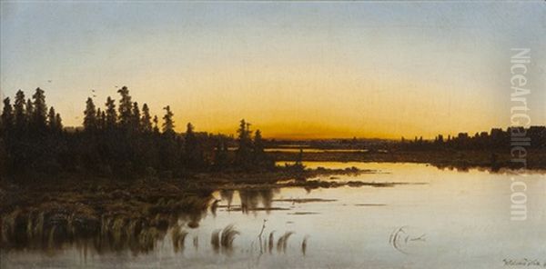 Marsh Landscape At Sunset Oil Painting by Willibald Wex