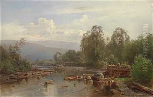 Landskap Med Elv Oil Painting by Christian Delphin Wexelsen