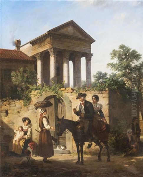 Begegnung Vor Gartenmauer Und Saulentempel Oil Painting by Julius Weyde