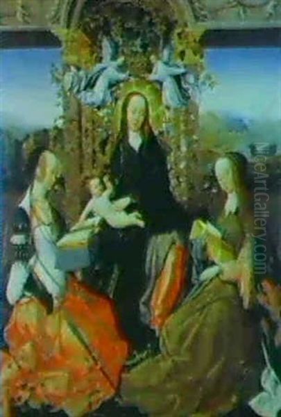 The Madonna And Child Crowned With Angels And Flanked By    Saints Catherine Of Alexandia And Margaret Of Antioch Oil Painting by Gosvin (Goossen) van der Weyden