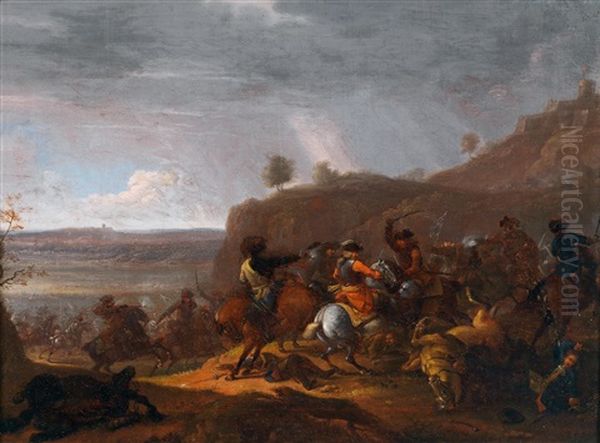 Reitergefecht Vor Landschaftshintergrund Oil Painting by Jacob Matthias Weyer