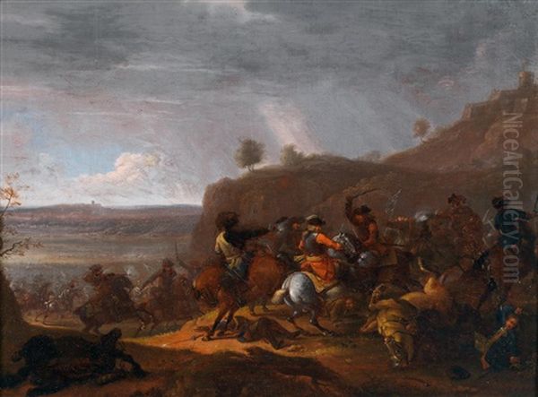 Reitergefecht Vor Landschaftshintergrund Oil Painting by Jacob Matthias Weyer