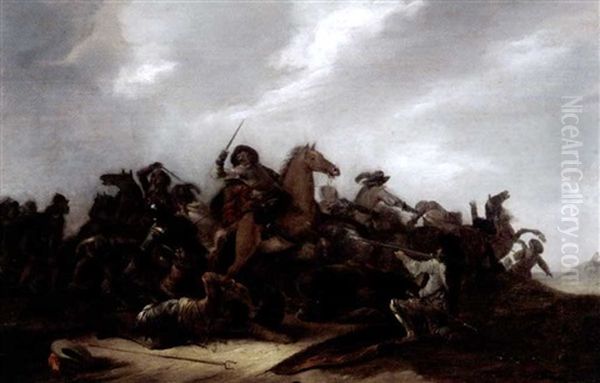 A Cavalry Battle Scene In A Landscape Oil Painting by Jacob Matthias Weyer