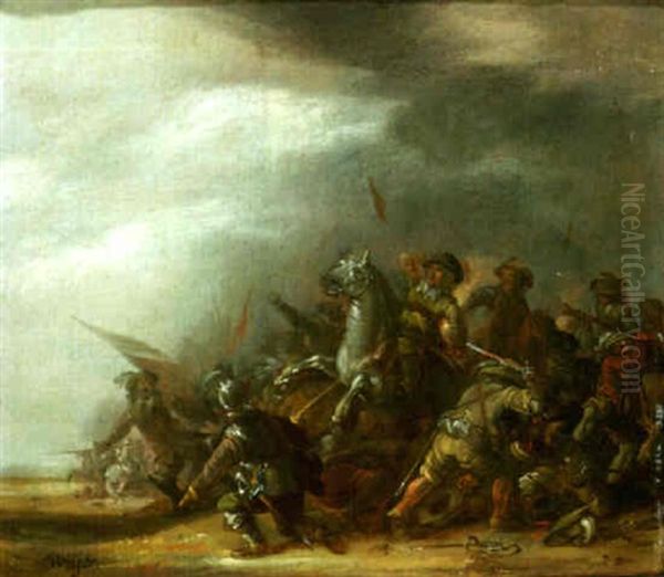 A Cavalry Engagement Oil Painting by Jacob Matthias Weyer