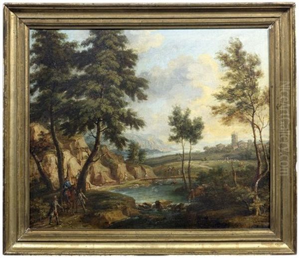 Sudliche Flusslandschaft Mit Soldaten An Einer Brucke by Jakob Christoph Weyermann