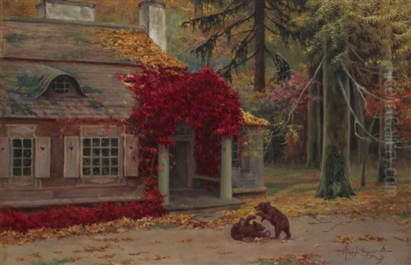 Les Oursons Jouant Devant La Maison Oil Painting by Henryk Weyssenhoff