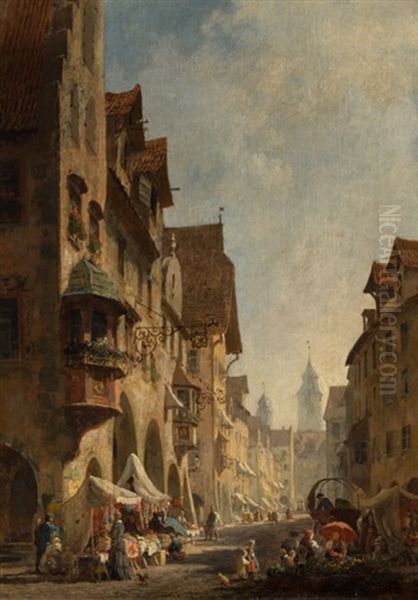 Altstadtstrase Am Fruhen Morgen Mit Marktstanden Oil Painting by Karl Weysser